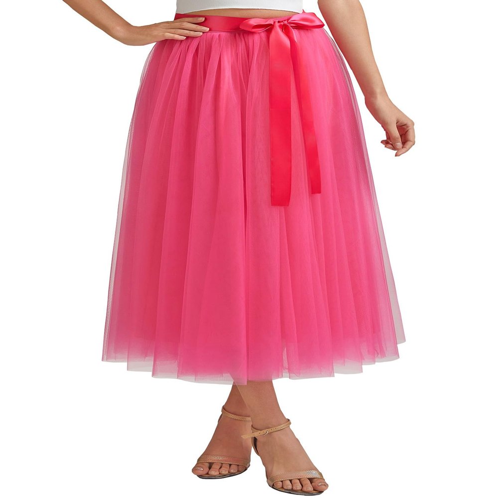 AiberLisha A line Tea Length Tulle Skirt for Party Prom Casual Wear Hot Pink S-M