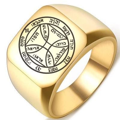 ZOVIVI Detailed Engraved Seventh Pentacle of the Sun for Freedom Unisex Stainless Steel Polished Talisman Ring, 2.Gold 17MMx18MM