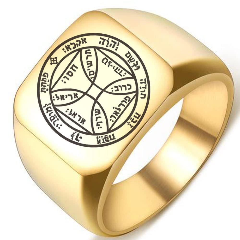 ZOVIVI Detailed Engraved Seventh Pentacle of the Sun for Freedom Unisex Stainless Steel Polished Talisman Ring, 2.Gold 17MMx18MM