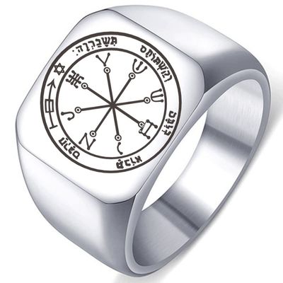 ZOVIVI Detailed Engraved Sixth Pentacle of Mars for Protection Unisex Stainless Steel Polished Talisman Ring, 1.Silver 17MMx18MM