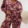 Fenghualzzniya Women Satin Pajama Set Floral Silk Pajamas 2 Piece Lounge Sets Button Down Shirts Wide Leg Pants Pjs Sleepwear, Winered, X-Large view 3