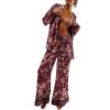 Fenghualzzniya Women Satin Pajama Set Floral Silk Pajamas 2 Piece Lounge Sets Button Down Shirts Wide Leg Pants Pjs Sleepwear, Winered, Medium view 1