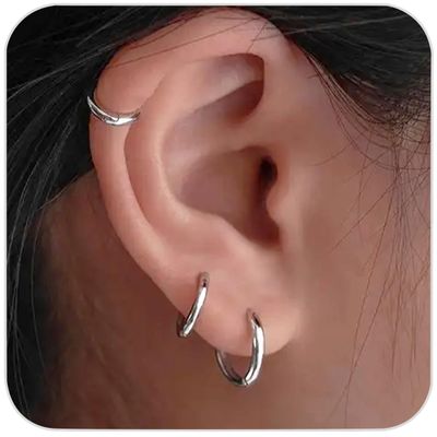 1 Pair 8mm Small Hoop Earrings for Women, 316L Surgical Stainless Steel Huggie Hoop Earrings Hypoallergenic Cartilage Hoop Earrings for Helix Tragus Conch Piercing Jewelry for Women Men(Silver/1.6mm)