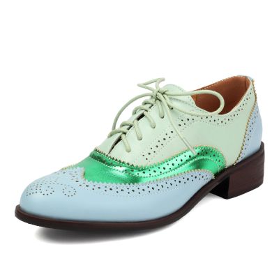 Stylish Colored Oxford Shoes Women Two Tone Wingtip Brogue Shoes Low Heel Lace up British School Costume Shoes Patent Green Plus Size 46