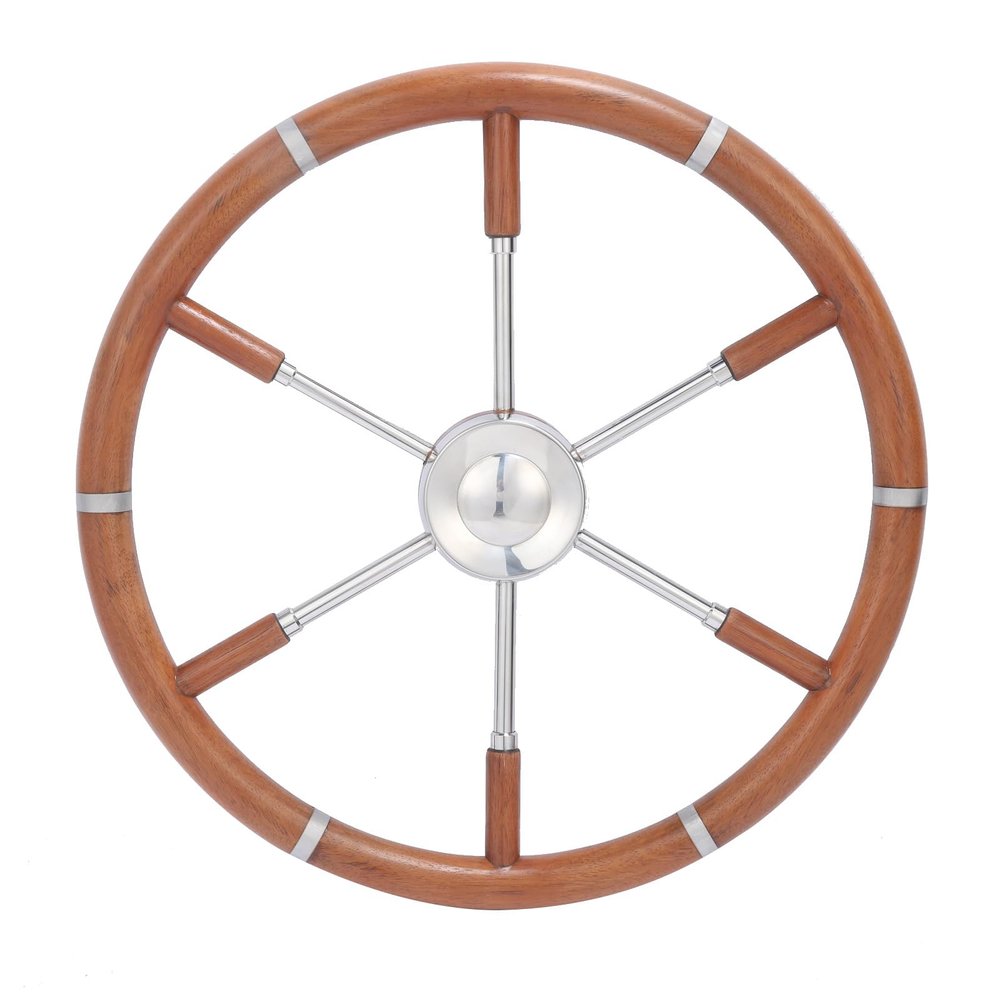 Boat Steering Wheel, 18 inch 6 Spokes Marine Steering Wheel with Stainless Steel Center Frame & Teak Wood Handle, Destroyer Steering Wheel for Boats, Yachts, Pontoon