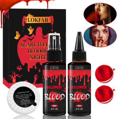 3PCS Halloween Fake Blood Makeup Kit, Fake-Blood Spray 50ML + Dripping Blood 50ML + Cleansing Soap, Fake-Blood Washable for Clothes Face Zombie Monster Vampire Cosplay SFX Makeup (Fresh + Fresh)