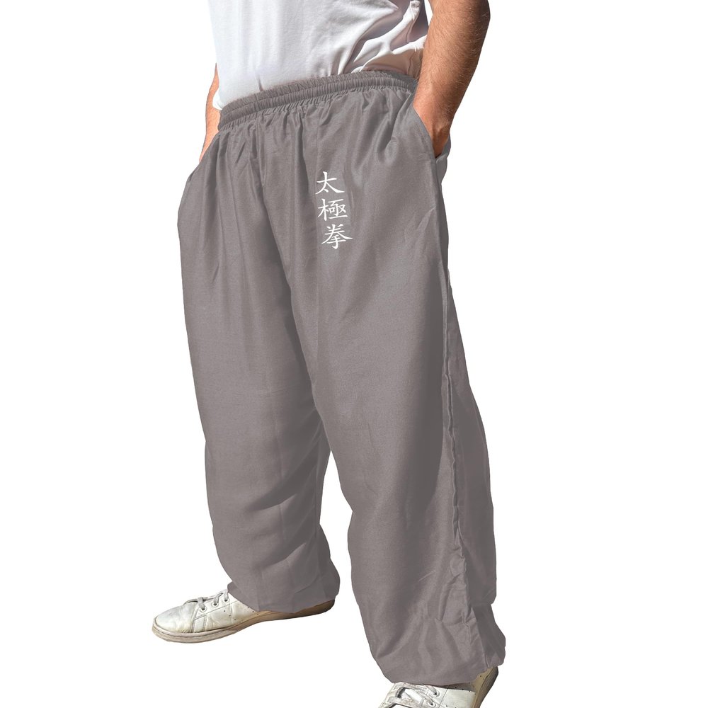 TAO MARTIAL Kung Fu Pants Wing Chun Tai Chi Style with Pockets, Loose Pant Rayon V3 (TJ Grey, Size S)