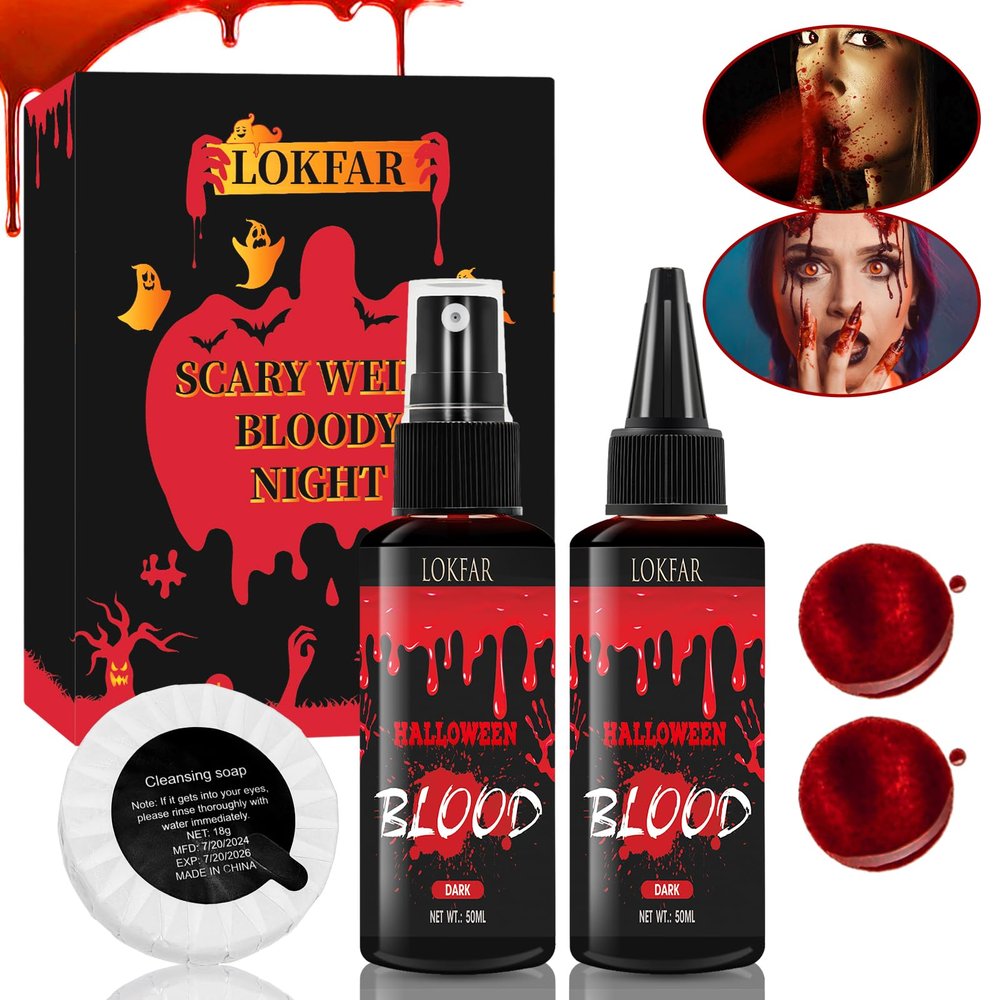 3PCS Halloween Fake Blood Makeup Kit, Fake-Blood Spray 50ML + Dripping Blood 50ML + Cleansing Soap, Fake-Blood Washable for Clothes Face Zombie Monster Vampire Cosplay SFX Makeup (Dark + Dark)