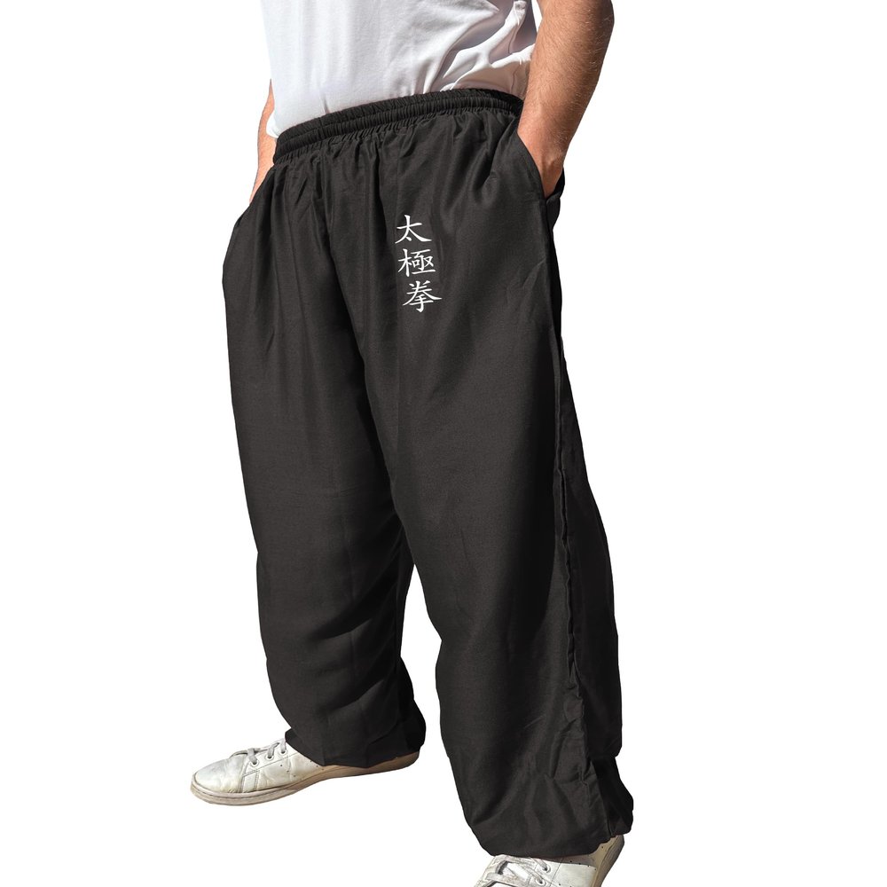 TAO MARTIAL Kung Fu Pants Wing Chun Tai Chi Style with Pockets, Loose Pant Rayon V3 (TJ Black, Size XL)