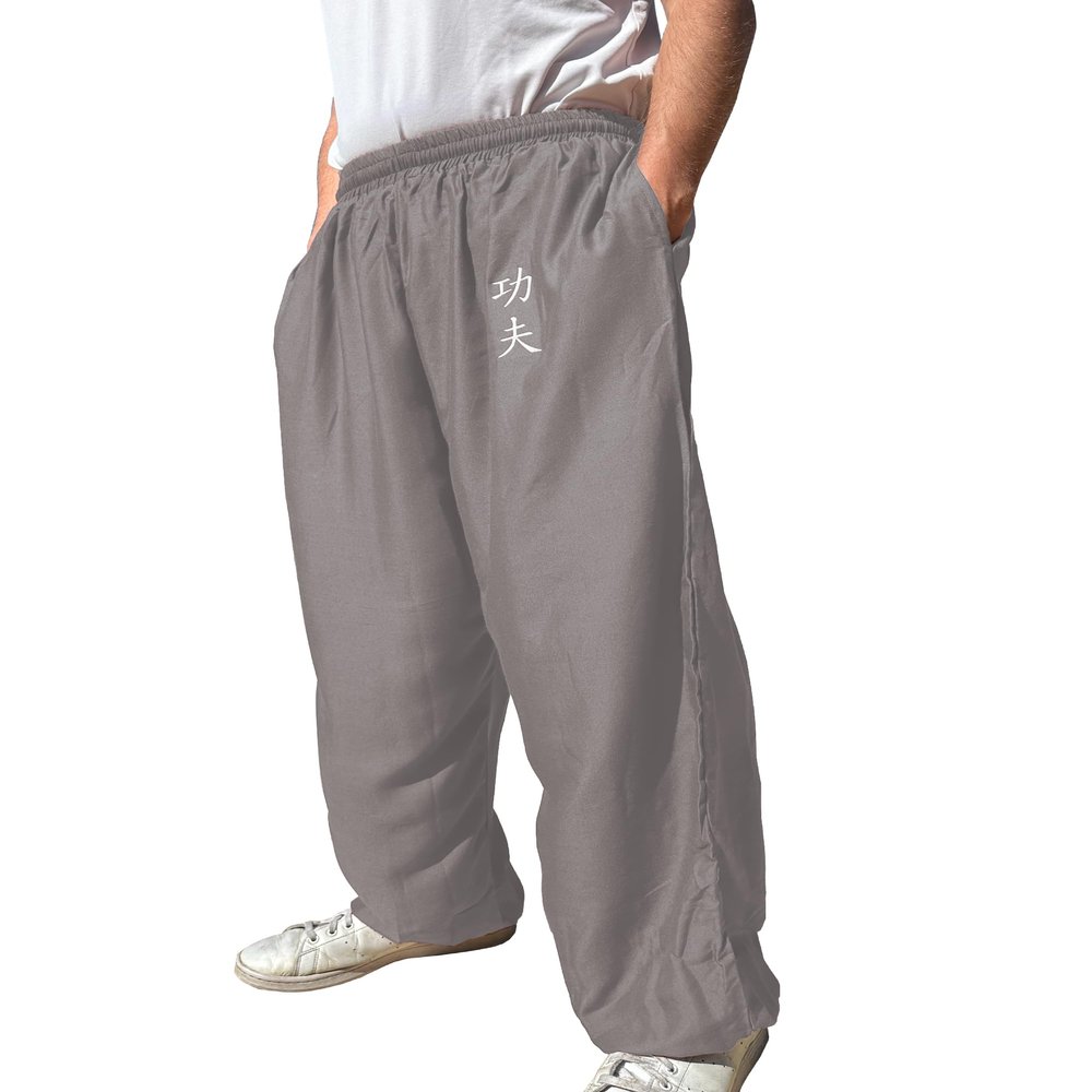 TAO MARTIAL Kung Fu Pants Wing Chun Tai Chi Style with Pockets, Loose Pant Rayon V3 (KF Grey, Size L)