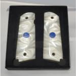 1911 White Pearl Acrylic Full-Size Gun Grips w/Blue & Silver Colt Medallions