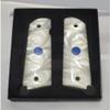 1911 White Pearl Acrylic Full-Size Gun Grips w/Blue & Silver Colt Medallions view 1