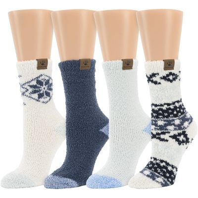 BEARPAW 4 Pair Pack Cozy Super Soft Lounge Socks Multi Pattern Crew Socks, Blue Nights