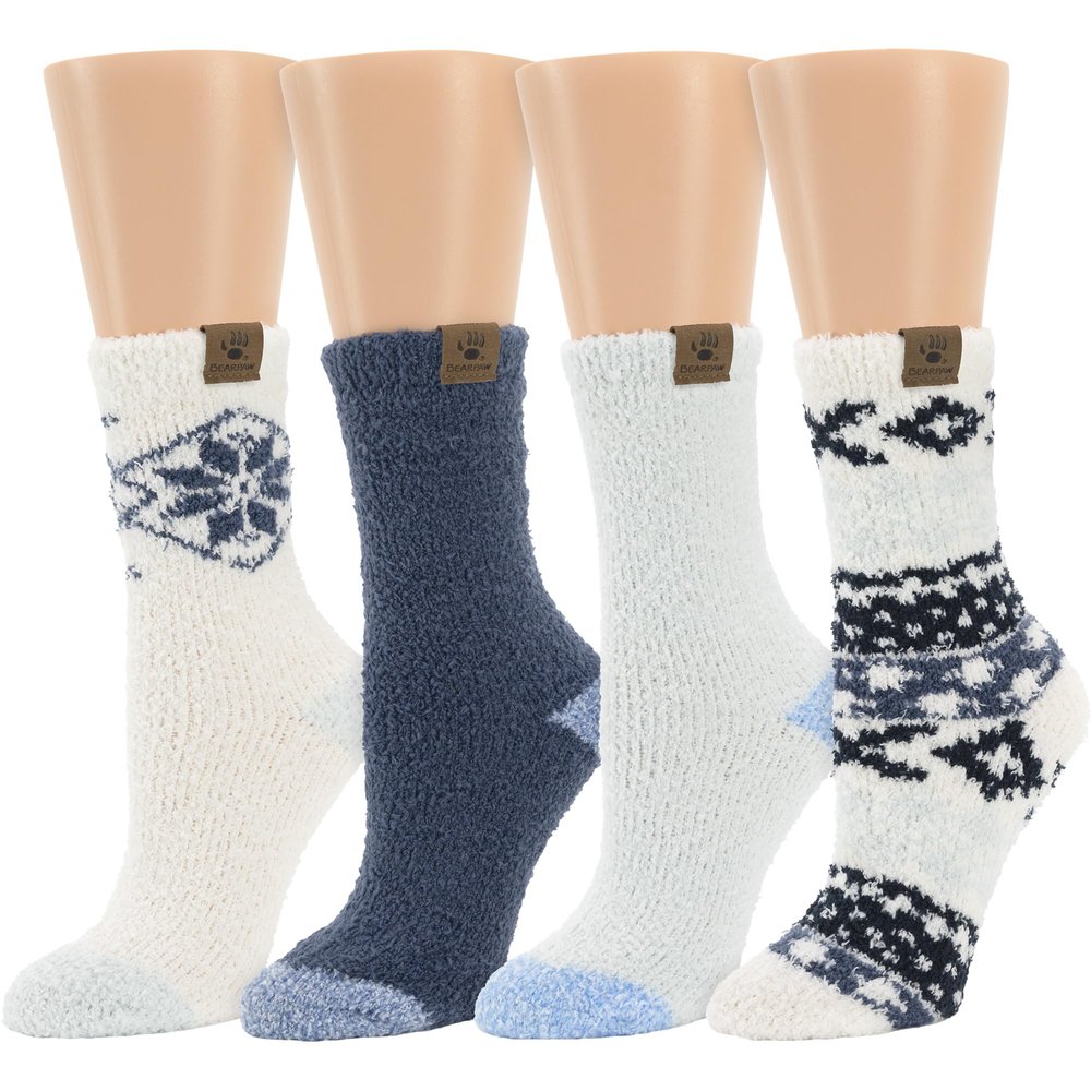 BEARPAW 4 Pair Pack Cozy Super Soft Lounge Socks Multi Pattern Crew Socks, Blue Nights