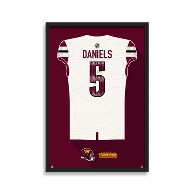 Sporticulture NFL American Football Washington Commanders - Jayden Daniels Jersey Print Framed Wall Art Picture Poster for Boys Bedroom and Man Cave Decor - Ready to Hang, White 19.5" x 25", Medium