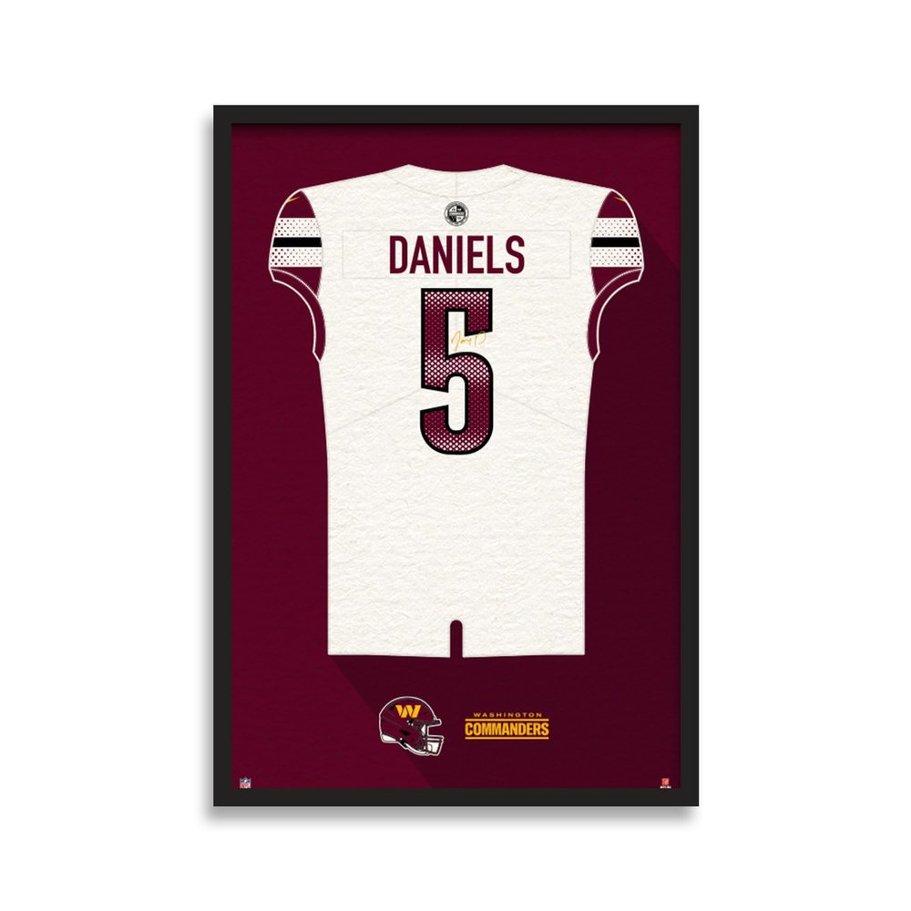 Sporticulture NFL American Football Washington Commanders - Jayden Daniels Jersey Print Framed Wall Art Picture Poster for Boys Bedroom and Man Cave Decor - Ready to Hang, White 19.5" x 25", Medium