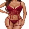 Avidlove Women's Lingerie 4 Piece Garter Lingerie Floral Lace Bra and Panty Sets with Underwire Wine Red XX-Large view 1
