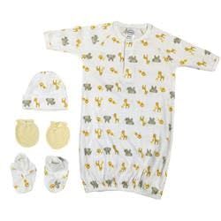 Bambini NC-0253 Newborn Baby Boy Girl Unisex Infant Gown Caps Booties Mittens Set White & Yellow - 4 Piece
