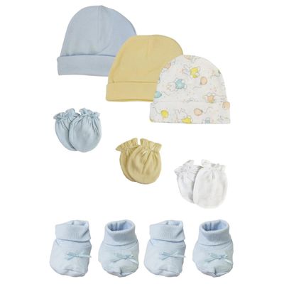 Bambini NC-0207 Baby Boy Caps with Infant Mittens & Booties White & Blue - Preemie - Pack of 8
