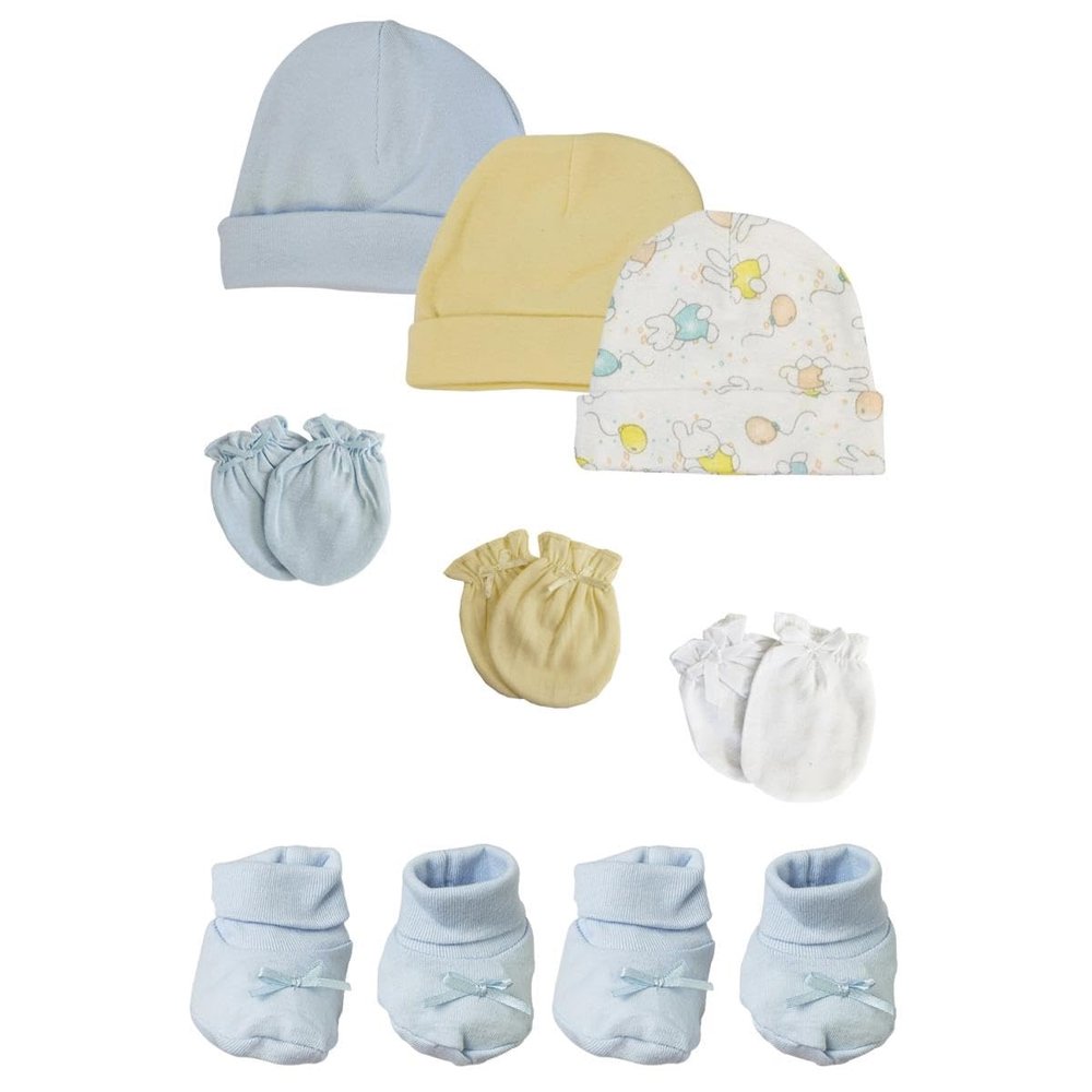Bambini NC-0207 Baby Boy Caps with Infant Mittens & Booties White & Blue - Preemie - Pack of 8