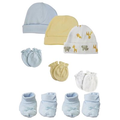 Bambini NC-0223 Baby Boy Caps with Infant Mittens & Booties White & Blue - Preemie - Pack of 8