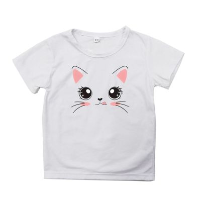 Big Girls Outfits Girls Summer Loose Casual Trendy Cute Cat Printed Short Sleeve T Shirt Top Girls (White, 18-24 Months)