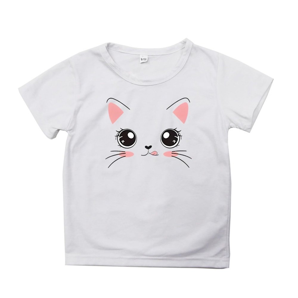 Big Girls Outfits Girls Summer Loose Casual Trendy Cute Cat Printed Short Sleeve T Shirt Top Girls (White, 18-24 Months)