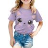Big Girls Outfits Girls Summer Loose Casual Trendy Cute Cat Printed Short Sleeve T Shirt Top (Purple, 18-24 Months) view 3