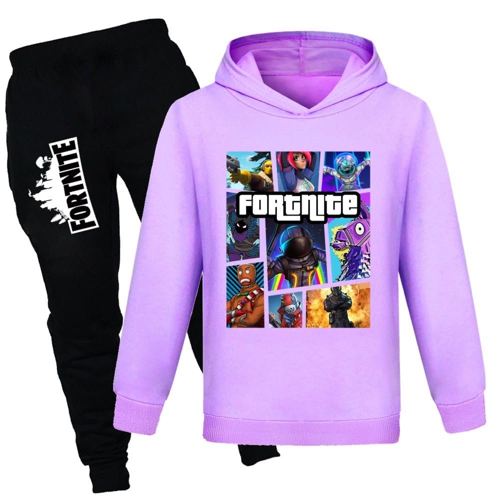 LONGYiKD Boy's Tracksuit Cotton Pullover Hoodie Kids Jogging Sportwear Clothes Set 2 Pieces Game Outfits for Girls (US, Age, 11 Years, 12 Years, Purple)