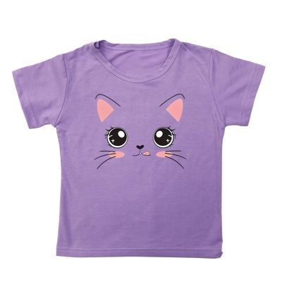 Big Girls Outfits Girls Summer Loose Casual Trendy Cute Cat Printed Short Sleeve T Shirt Top (Purple, 12-18 Months)
