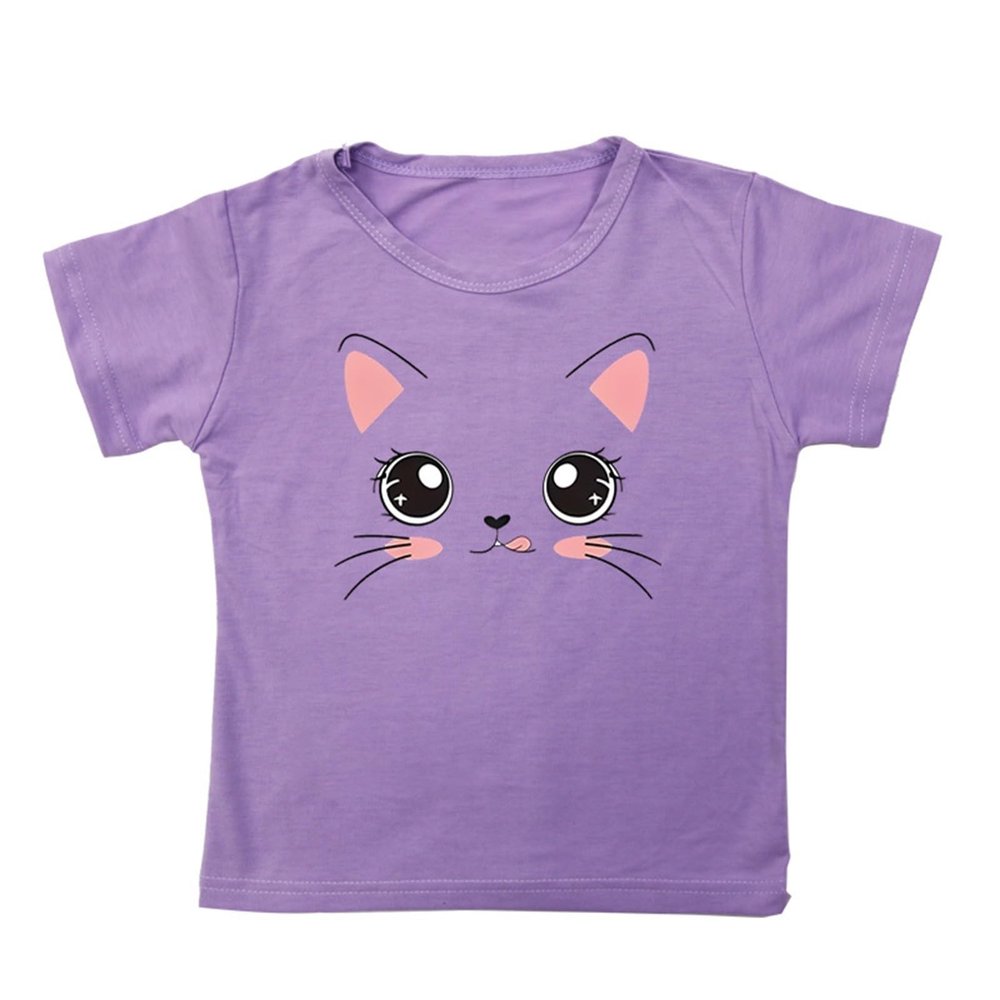 Big Girls Outfits Girls Summer Loose Casual Trendy Cute Cat Printed Short Sleeve T Shirt Top (Purple, 12-18 Months)