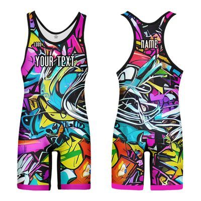 DIYUME Unisex Graffiti Wrestling Singlets Sport Bodysuit Sleeveless Active Wrestling Jumpsuits (Unisex Adult/Youth)