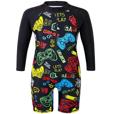 TFJH E One Piece Boys Long Sleeve Swimsuits Kids Rash Guard Suit UV 50+ Bathing Suits Zip Black Game Long 128/134
