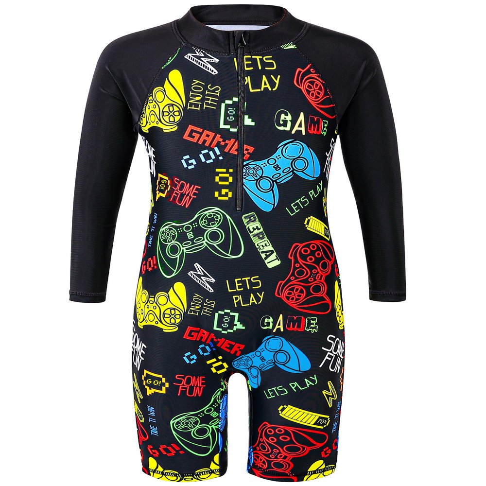 TFJH E One Piece Boys Long Sleeve Swimsuits Kids Rash Guard Suit UV 50+ Bathing Suits Zip Black Game Long 128/134