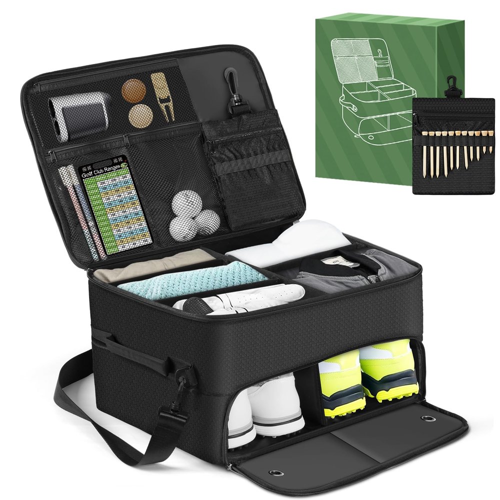 Golf Trunk Organizer for Car SUV, 2-Layer Golf Accessories Storage with Shoe Compartment & Dividers  Waterproof Golf Gear Bag, Golf Organizer Gift for Men