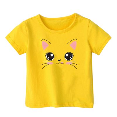 Big Girls Outfits Girls Summer Loose Casual Trendy Cute Cat Printed Short Sleeve T Shirt Top (Yellow, 12-18 Months)