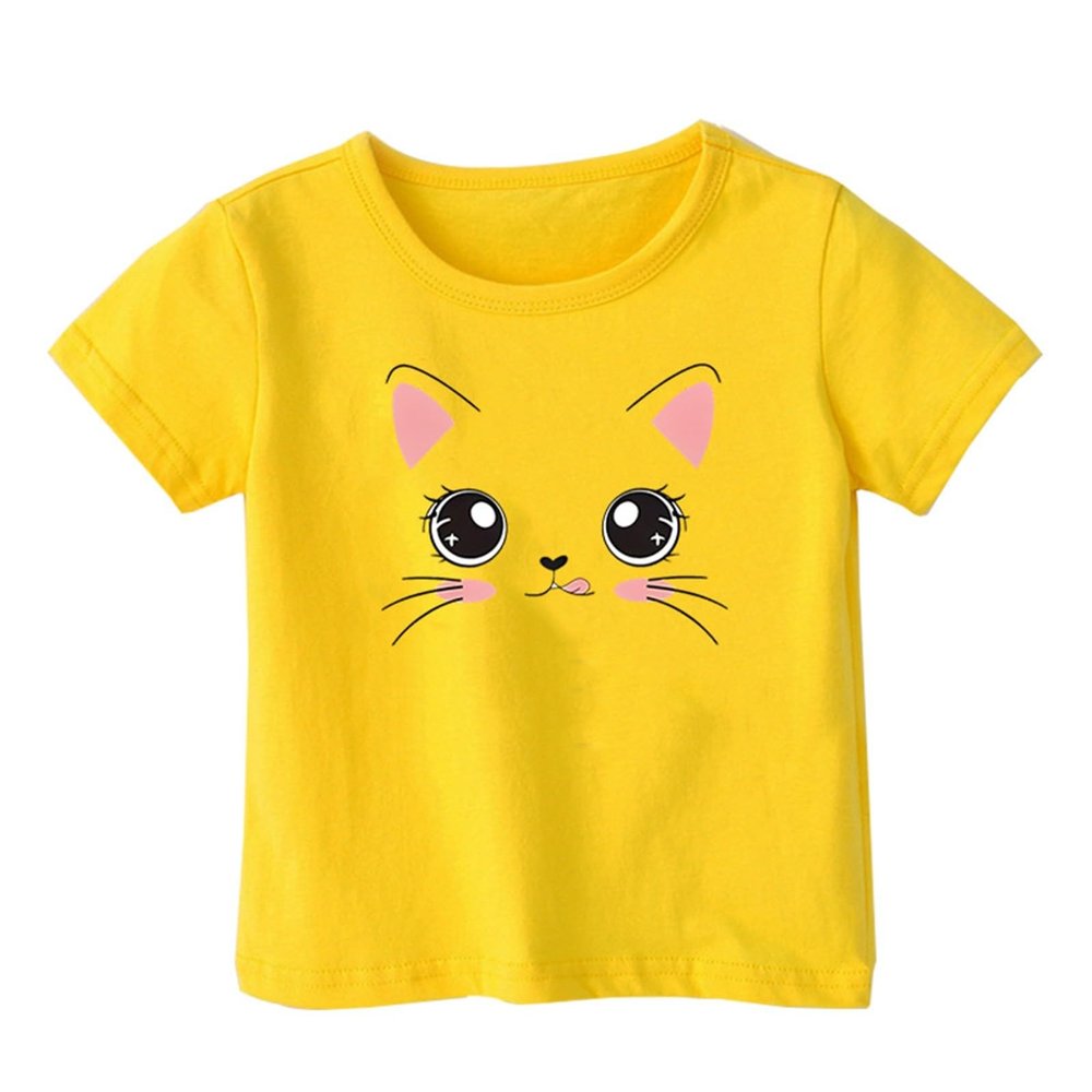 Big Girls Outfits Girls Summer Loose Casual Trendy Cute Cat Printed Short Sleeve T Shirt Top (Yellow, 12-18 Months)