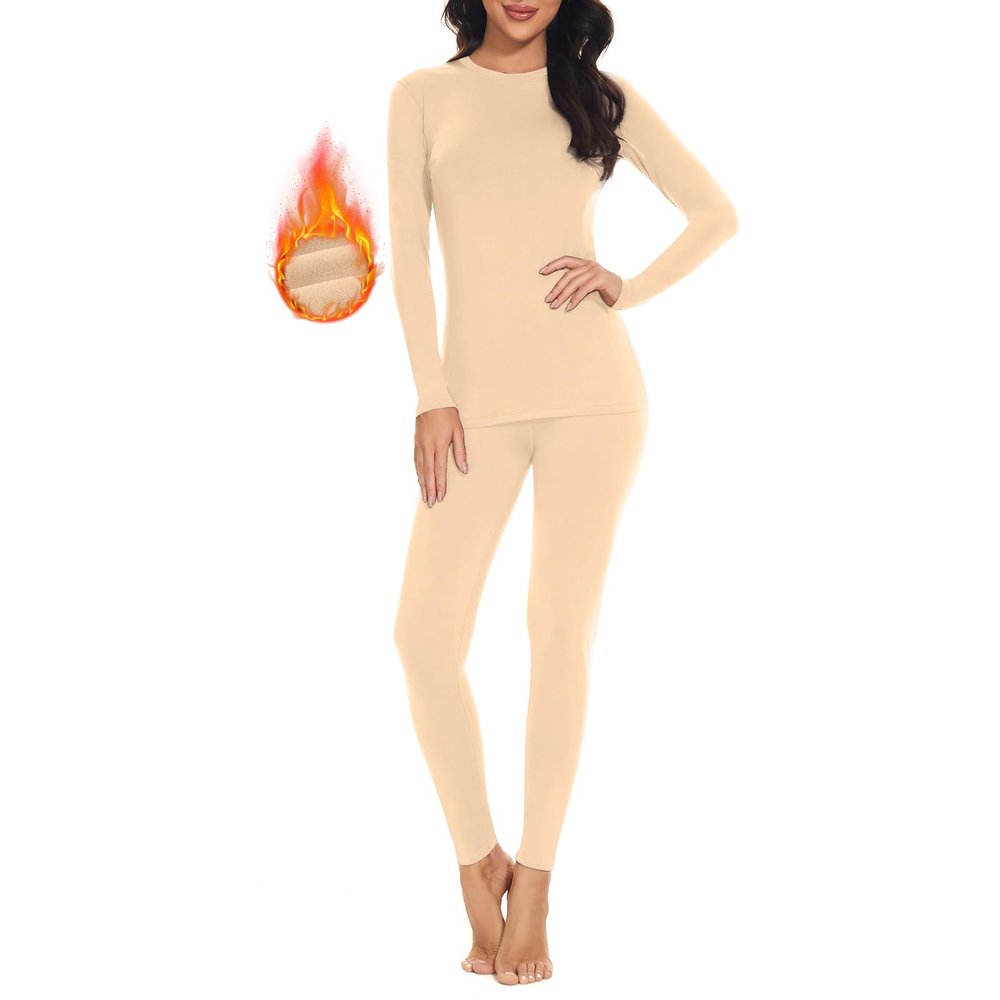 SIMIYA Thermal Underwear Set for Women Long Johns with Fleece Lined Long Sleeves Base Layer Set Top Bottom Nude