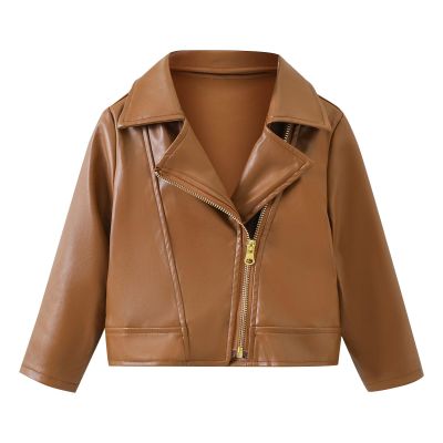 Baby PU Faux Leather Motorcycle Coat Toddler Infant Zipper Fall Winter Solid Color Long Sleeve Lapel (Brown, 3-4 Years)