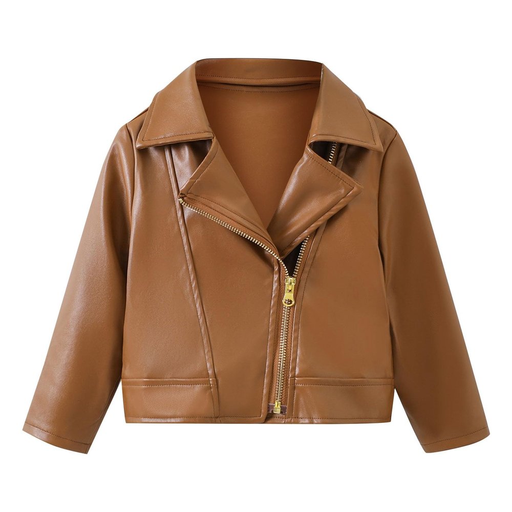 Baby PU Faux Leather Motorcycle Coat Toddler Infant Zipper Fall Winter Solid Color Long Sleeve Lapel (Brown, 3-4 Years)
