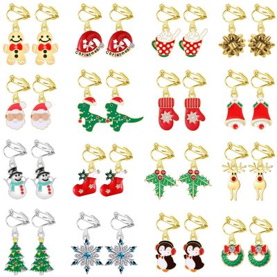 16 Pairs Christmas Clip on Earrings for Women Teen Girls Hypoallergenic Snowflake Christmas Tree Bow Bell Snowman Penguin Earrings Women Dangle Clip Christmas Earrings Bulk Xmas Holiday Jewelry