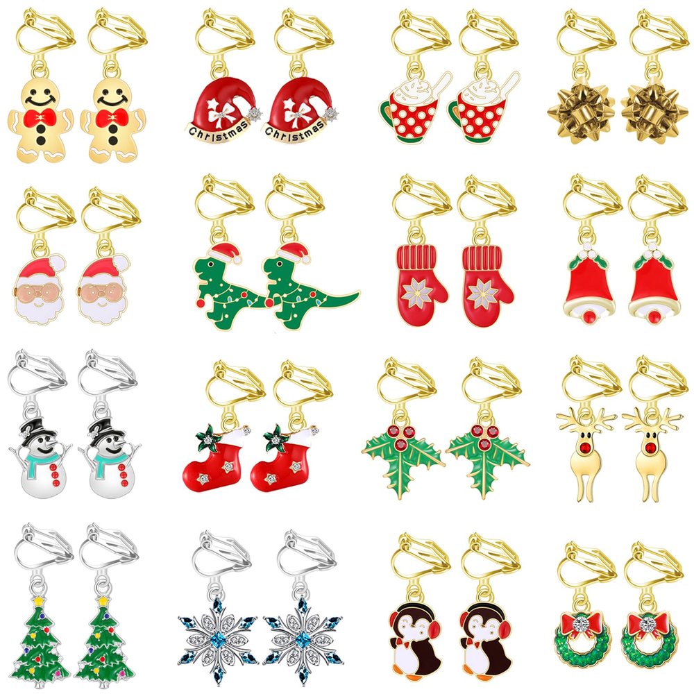 16 Pairs Christmas Clip on Earrings for Women Teen Girls Hypoallergenic Snowflake Christmas Tree Bow Bell Snowman Penguin Earrings Women Dangle Clip Christmas Earrings Bulk Xmas Holiday Jewelry