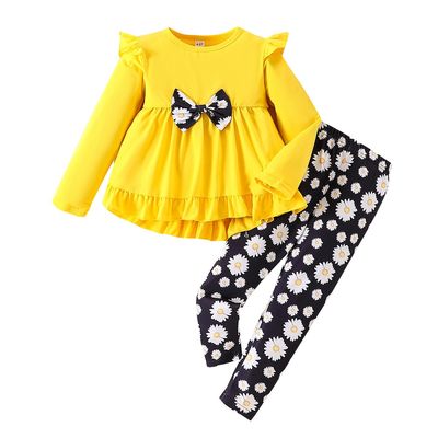 Axumity Kid Toddler Girls Clothes Outfits High-low Bowknot Top + Daisy Print Pants 2PC Girls Fall Pants Set(5-6T)