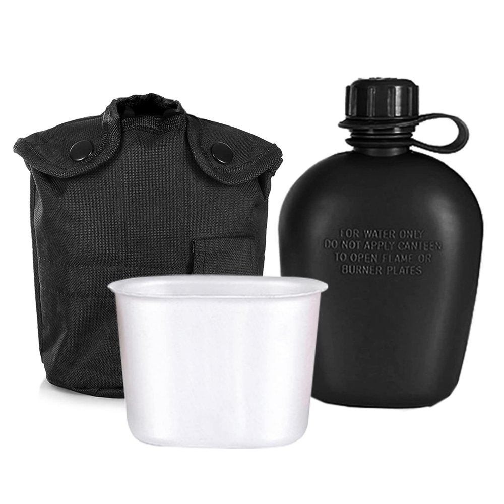 HXBER 3 Piece Canteen Kit with Aluminum Cup and Cover for Outdoor Camping Hiking Backpacking Survival