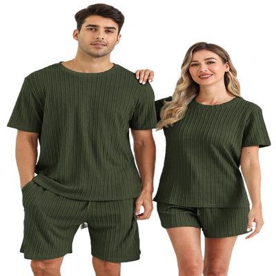 EISHOPEER Men's Ribbed Knit Pajamas 2 Piece Lounge Sets Matching Summe Outfits Sweatsuit Top and Shorts with Pockets Army Green XX-Large