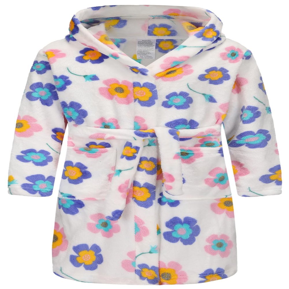E.W Apparel Boys Fleece Robe Girls Hooded Bathrobe Toddlers Soft Fuzzy Robe for Kids(Flower,7-8 Years)