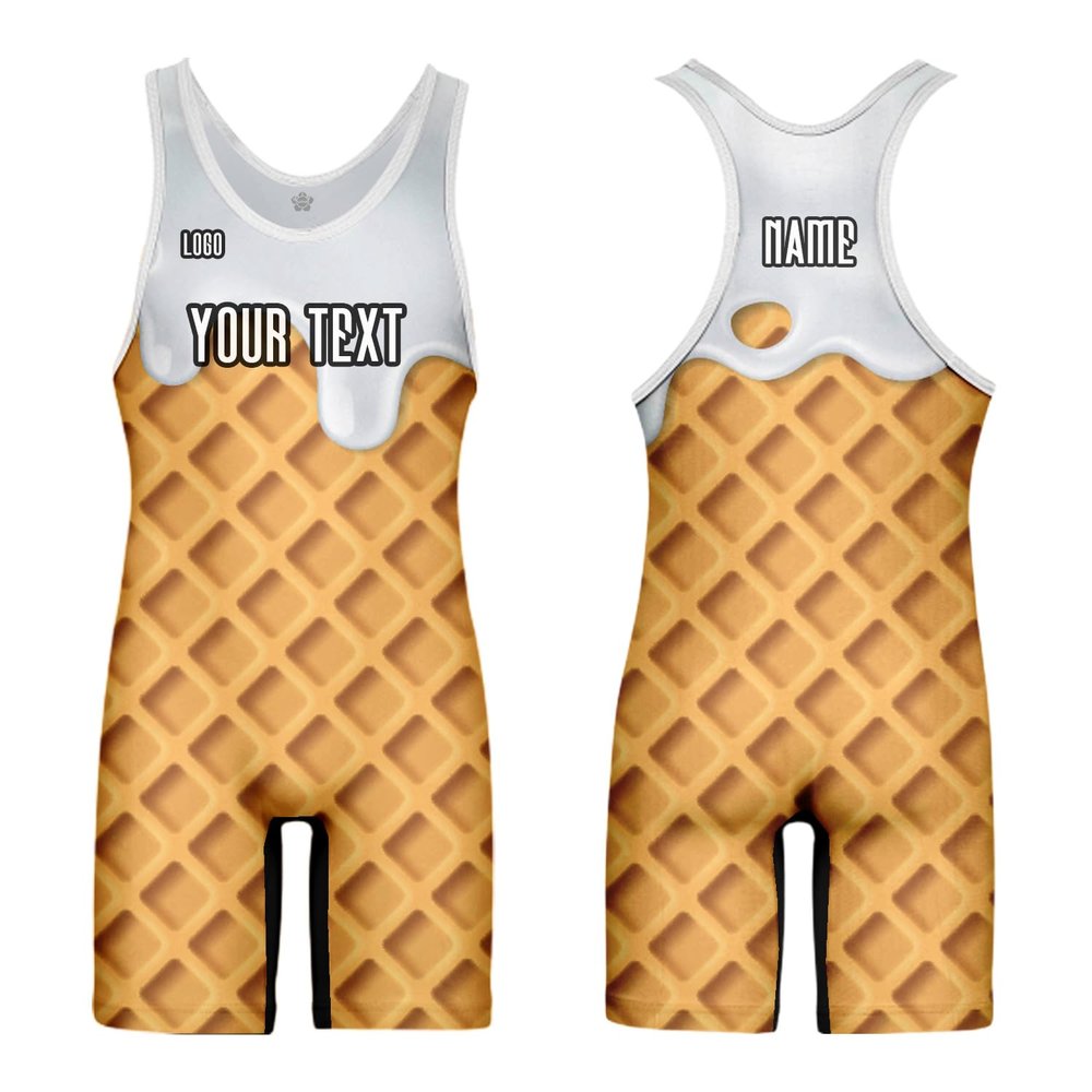 DIYUME Unisex Funny Cream Waffles Wrestling Singlets Sleeveless Uniform Sports Bodysuit Jumpsuits for Fun