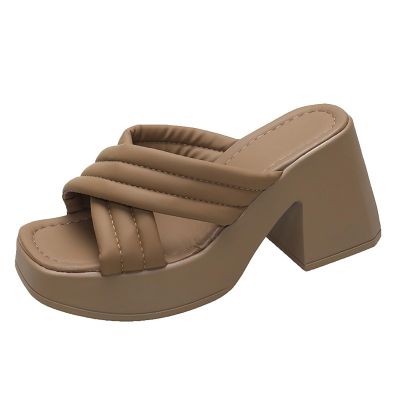 Women Wear Thick Heeled Slippers And Sponge Cake Thick Soled One Line Sandals For Summer Wear Leather Womens (Brown, 7)