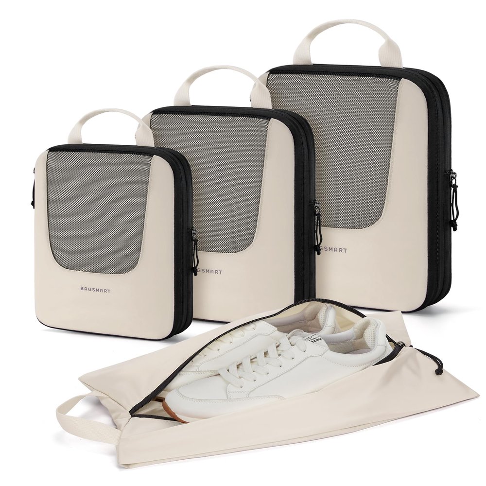 BAGSMART Compression Packing Cubes for Travel, 6/5/4set Lightweight Packing Organizers, Summer Travel Essentials Suitcase Organizer Bags Set, Compressible 4 Set/Beige