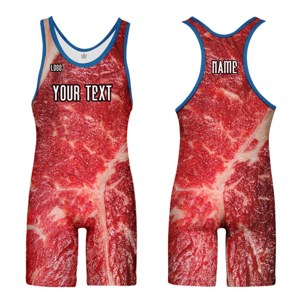 DIYUME Mens Funny Meat Wrestling Singlets, Custom Standard Singlet for Men Wrestling Uniform